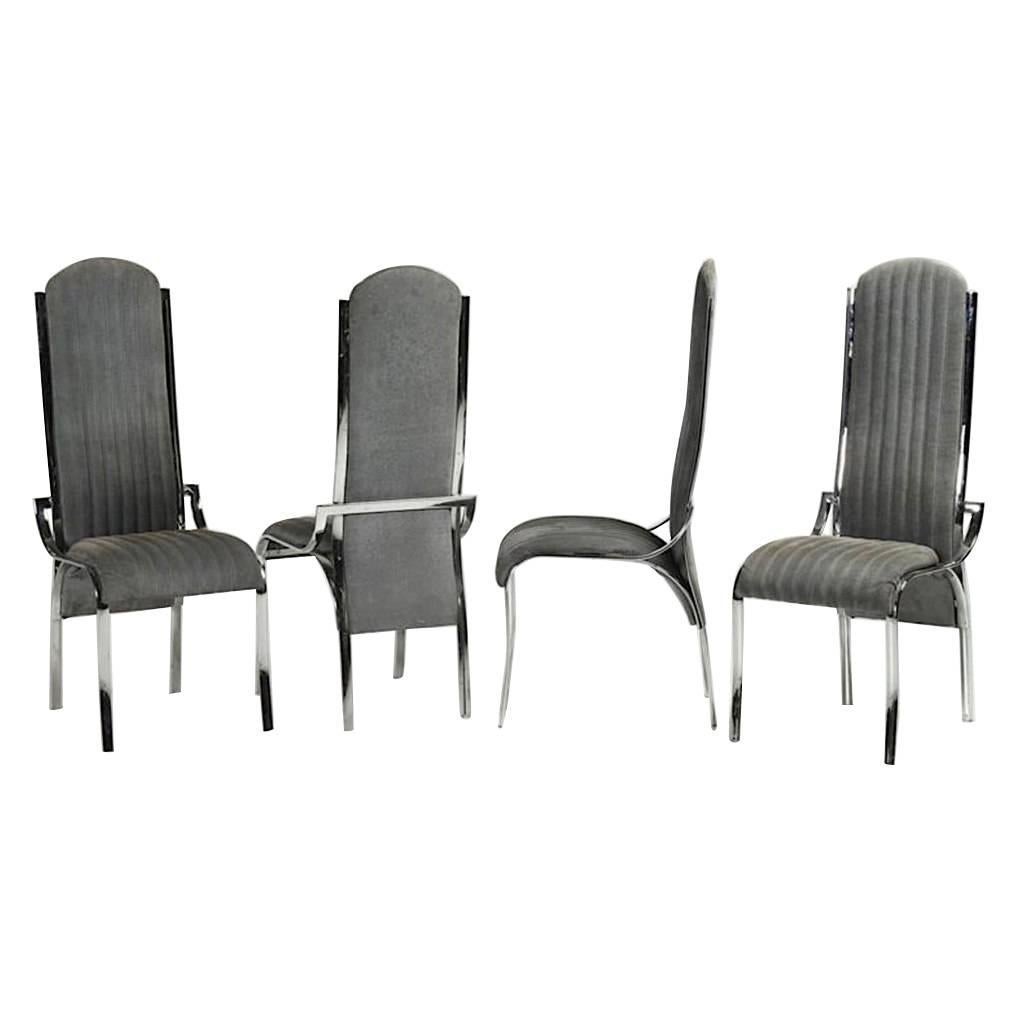 Italian Vintage Four Curved High Back Chrome Chairs in Blue Gray Stitch Fabric For Sale