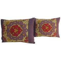 Pair of Vintage Suzani Embroidery Purple Lumbar Decorative Pillows