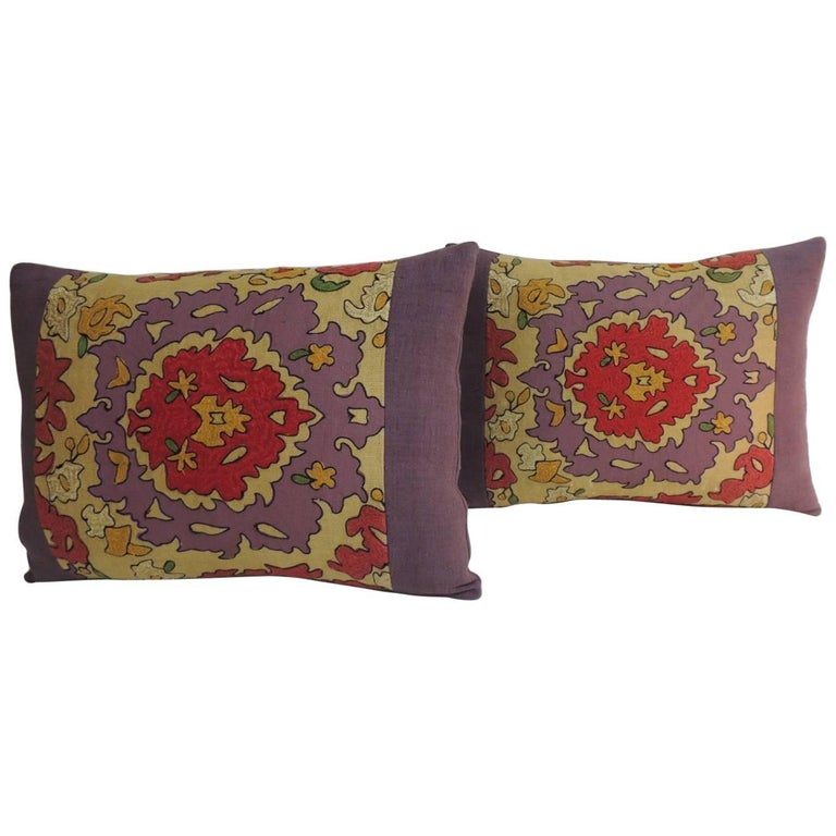 Pair of Vintage Suzani Embroidery Purple Lumbar Decorative Pillows at