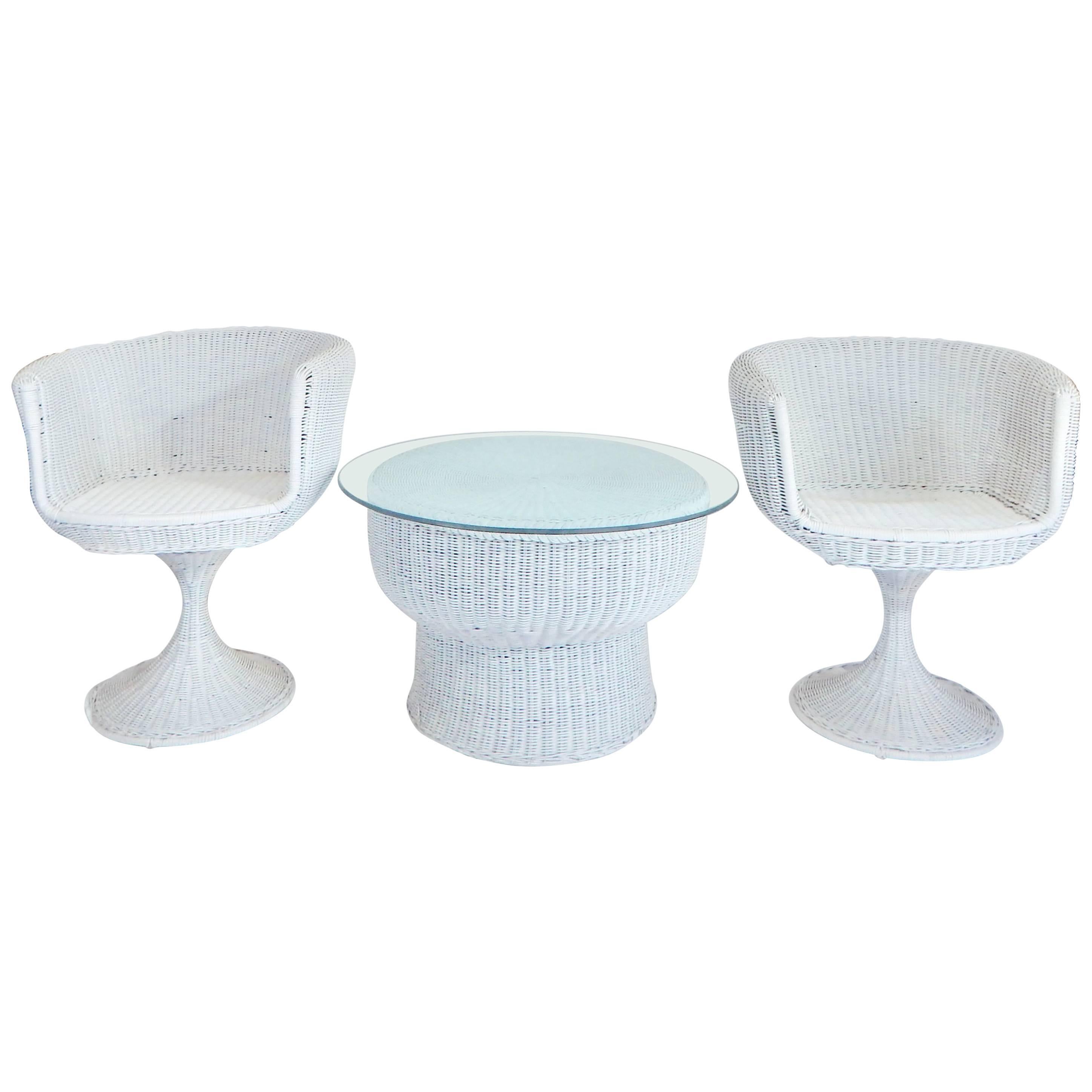 Eero Arnio Pair of Rare 1960s Rattan Tulip Swivel Chairs and Table Set