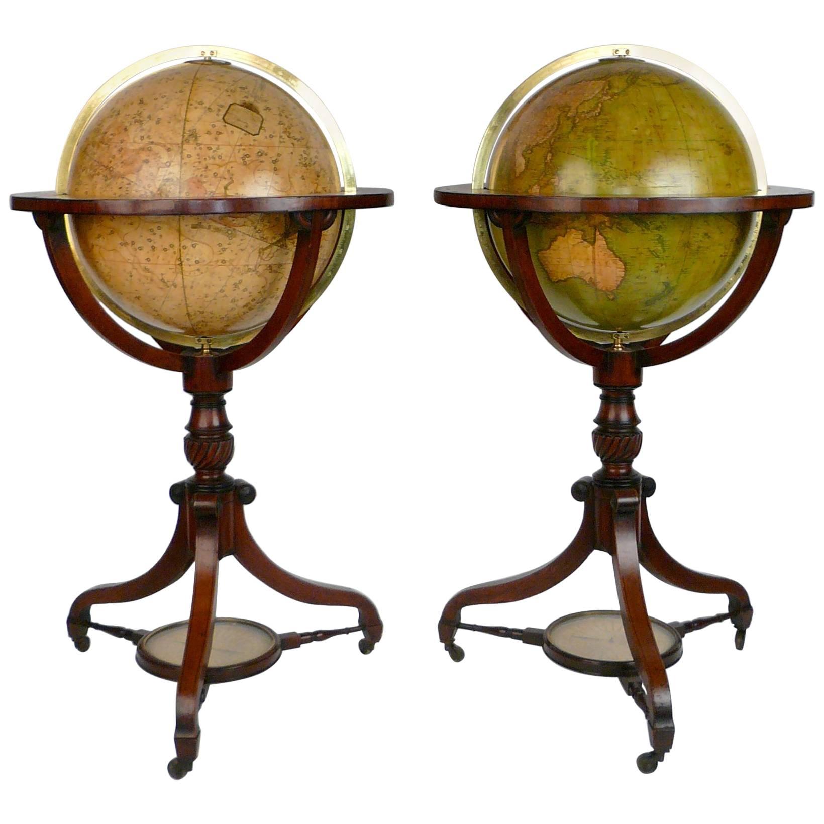 Fine and Rare Pair of English Regency Floor Standing Library Globes