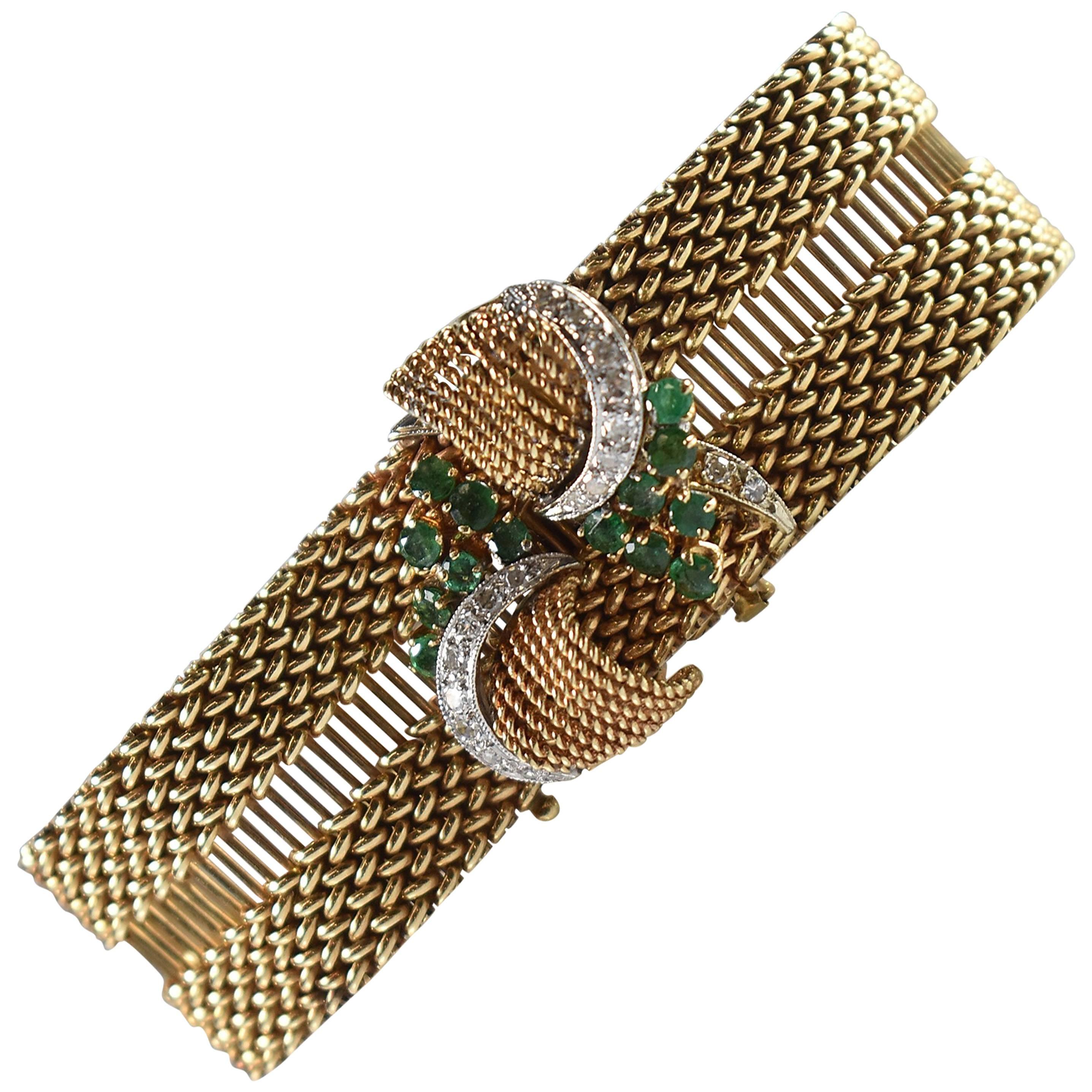 Antique 14-Karat Yellow Gold, Diamond and Emerald Bracelet