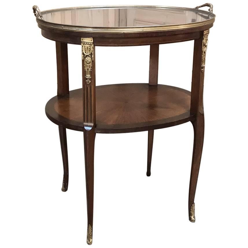 19th Century French Oval Marquetry and Ormolu Occasional Table with Glass Tray
