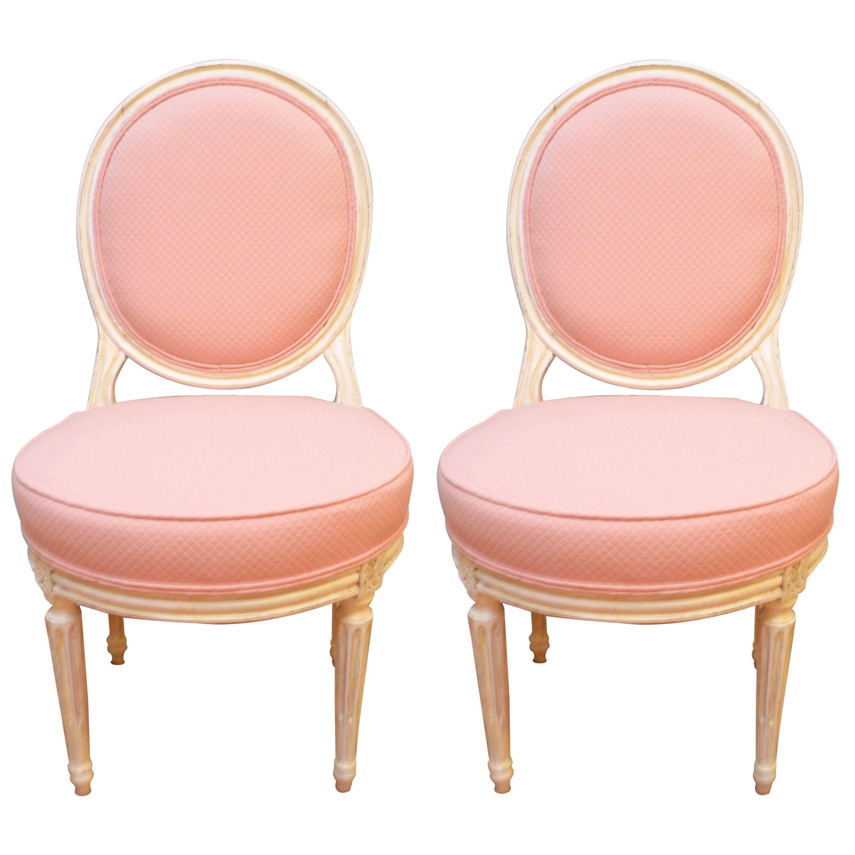 Pair of Louis XVI Style Painted Boudoir Chairs Newly Upholsted in a Pink Fabric For Sale
