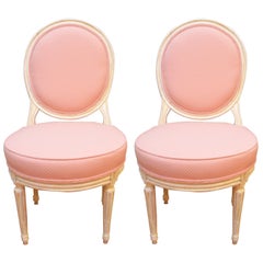 Pair of Louis XVI Style Painted Boudoir Chairs Newly Upholsted in a Pink Fabric