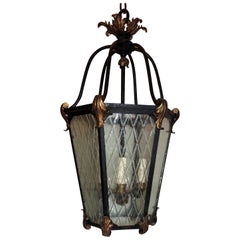 Large Country French Wrought Iron Lattice Glass Lantern Pendent Exterior Fixture
