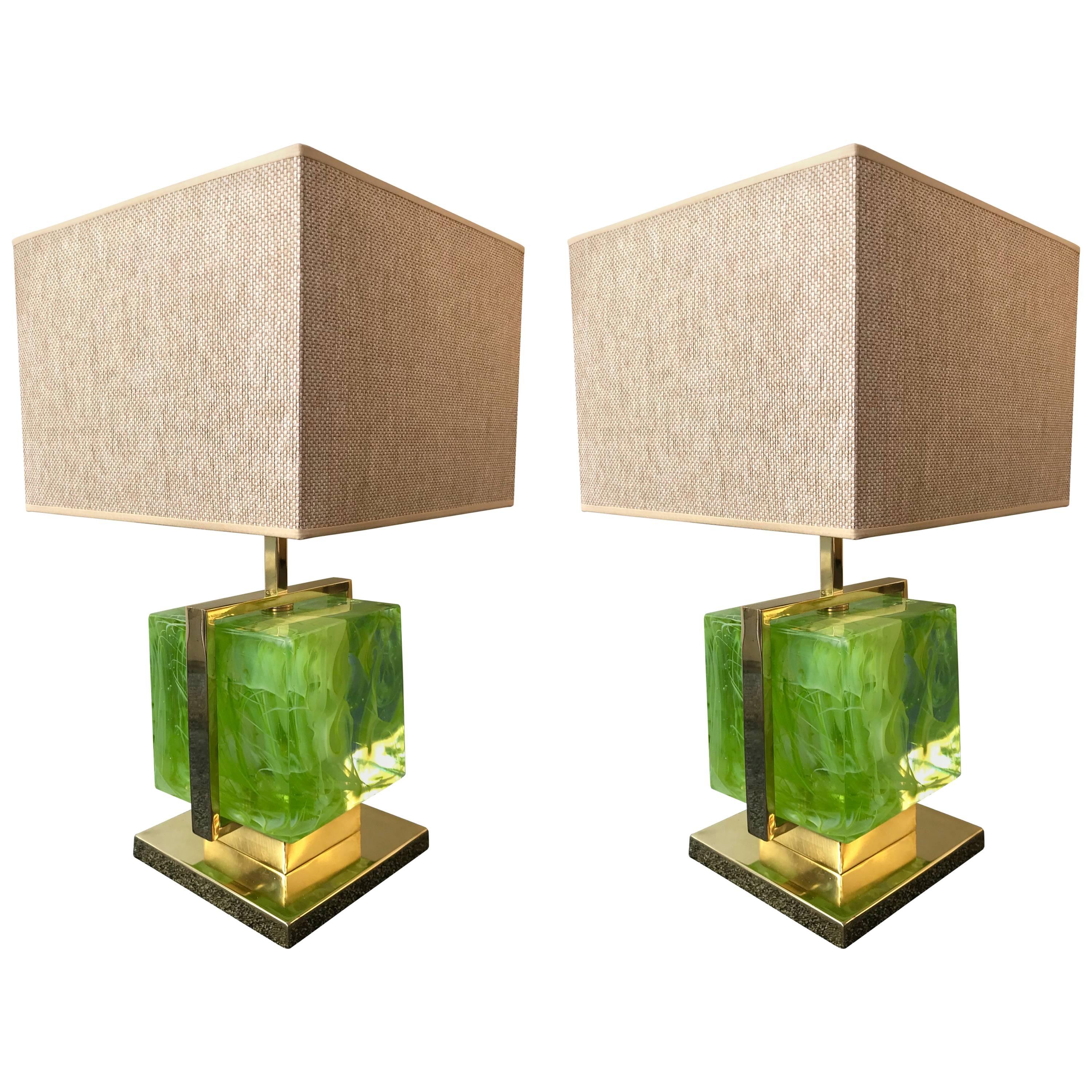 Contemporary Pair of Lamps Brass Cage Murano Glass Cube, Italy