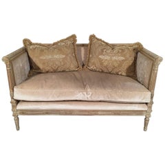 French Louis XVI Style Hand-Carved Wood Upholstered Loveseat