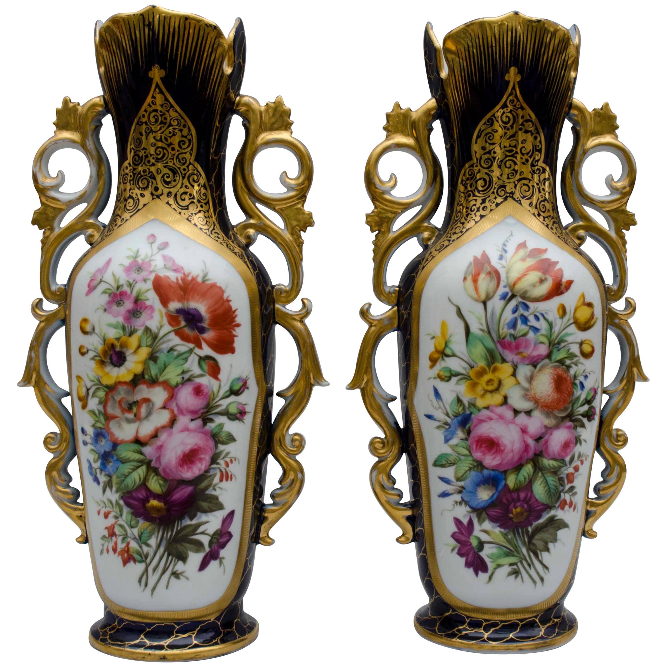Mid-19th Century, Cobalt Bleu and Flowers, Porcelain Vases, Valentine, France For Sale