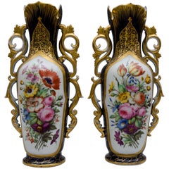 Mid-19th Century, Cobalt Bleu and Flowers, Porcelain Vases, Valentine, France