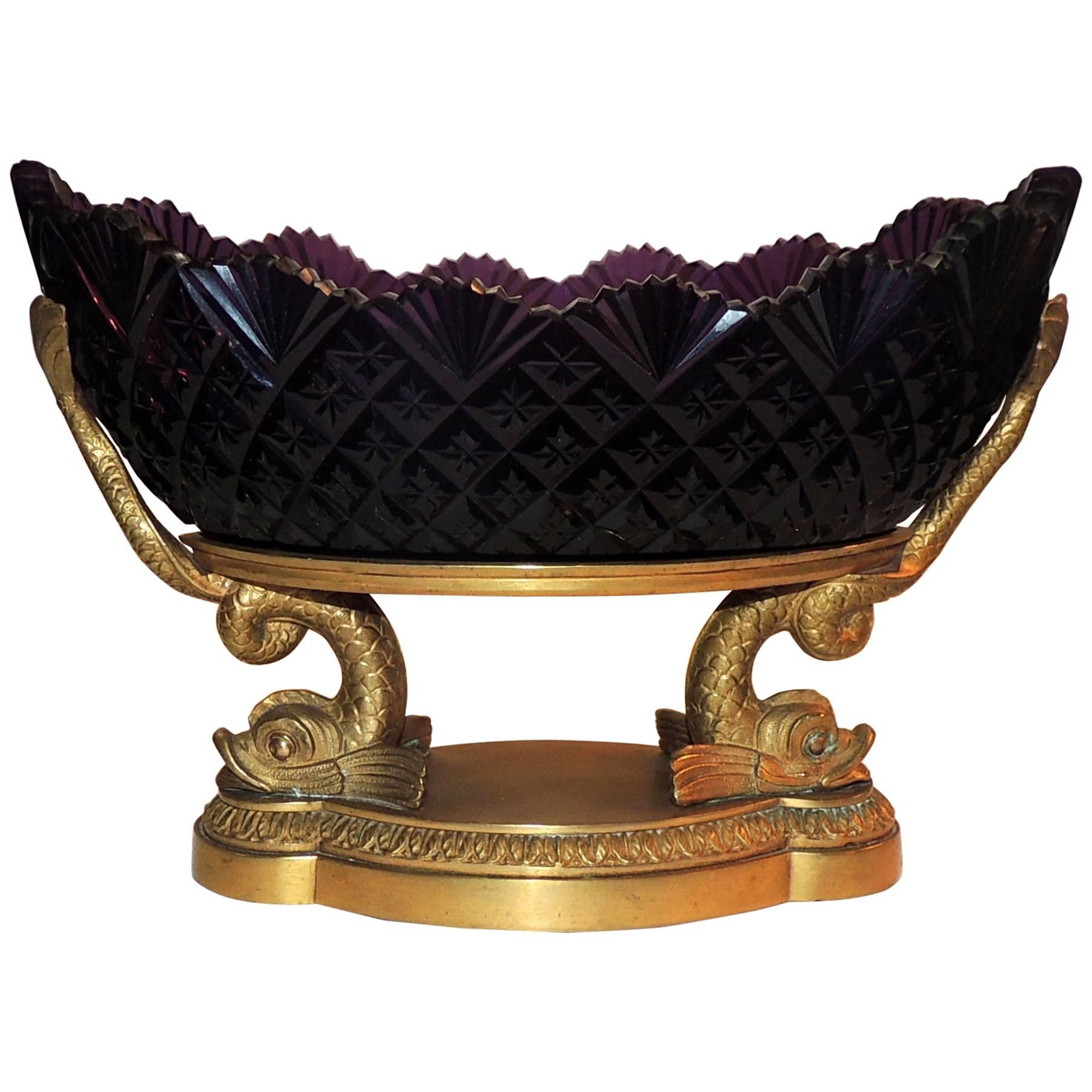 Fine Antique Russian Cut Amethyst Crystal Dore Bronze Dolphin Centerpiece Bowl