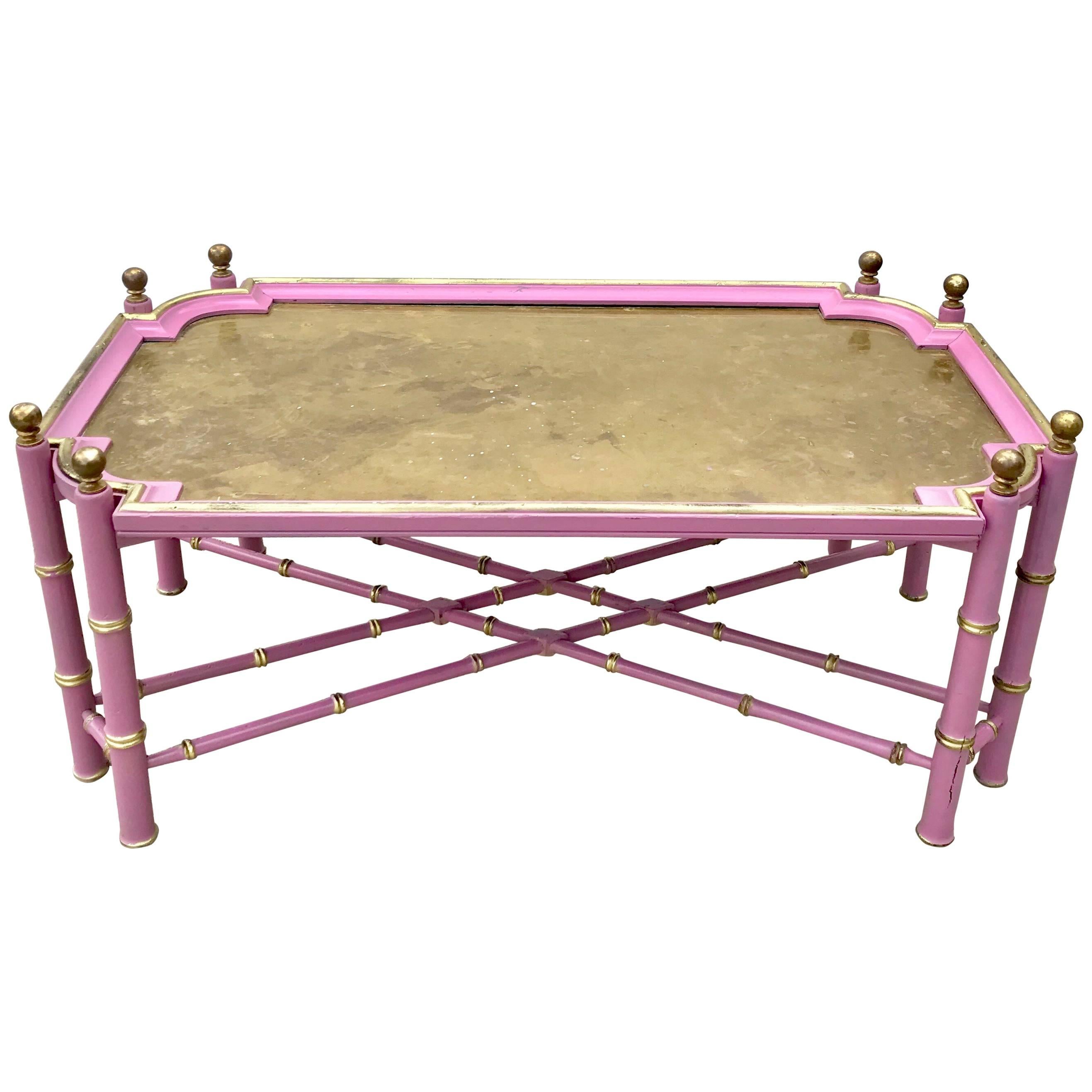 Vintage Chinese Chippendale Coffee Table in Pink and Gold