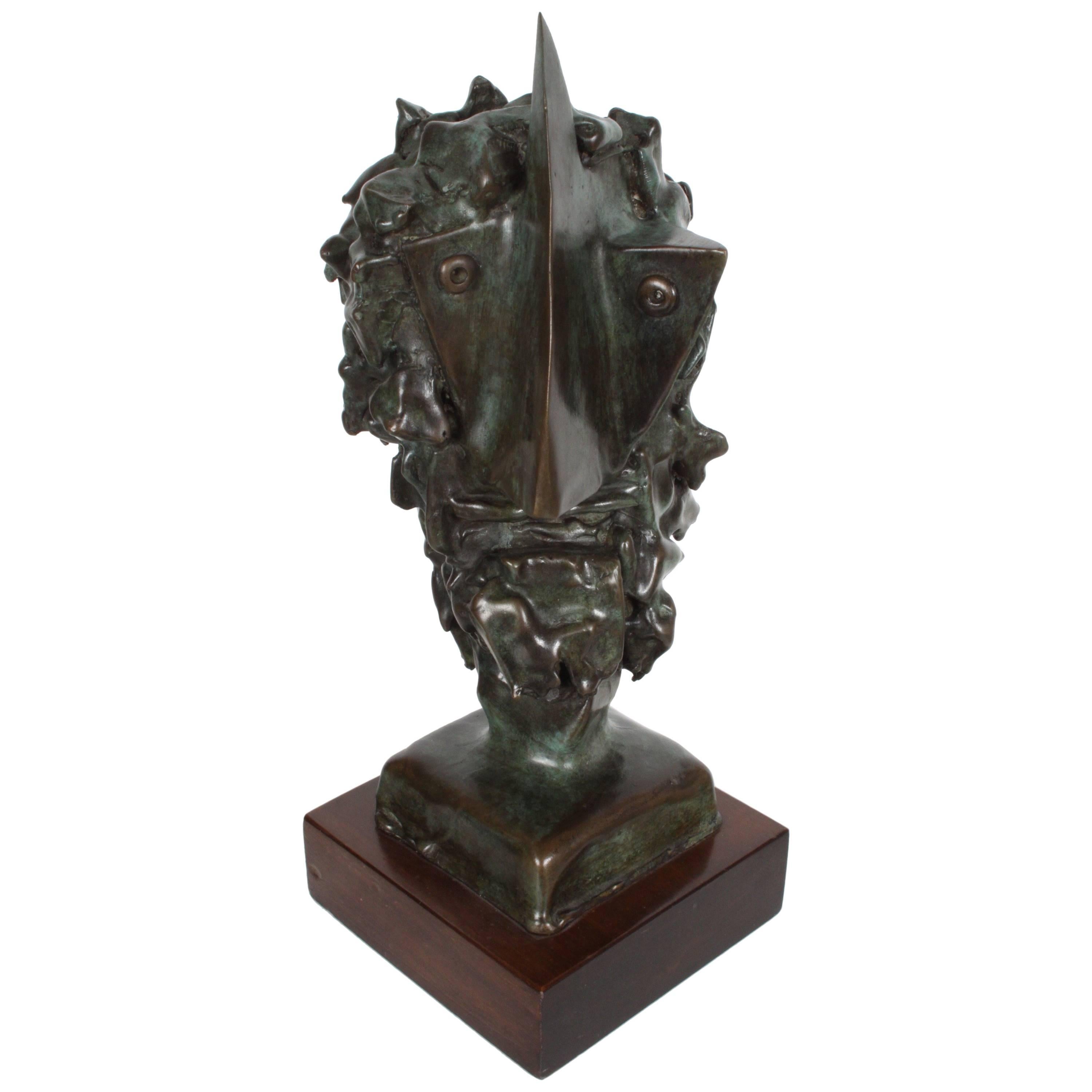 Jean Mahie Bronze Cubist Head Sculpture Titled Veneration For Sale