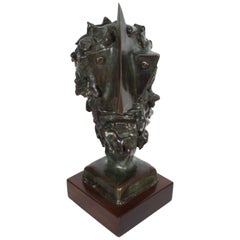 Jean Mahie Bronze Cubist Head Sculpture Titled Veneration