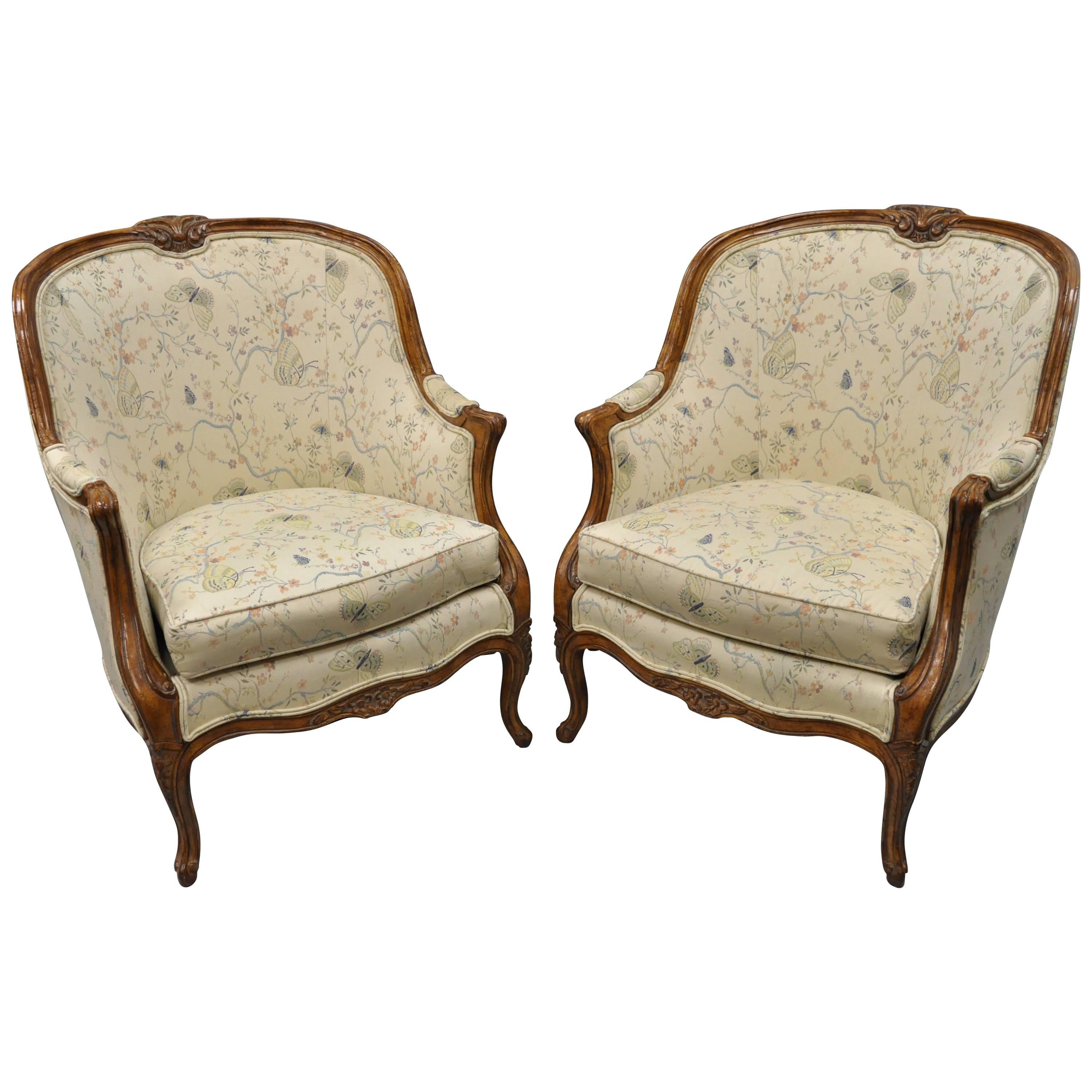 Pair of Oversized French Country Louis XV Style Bergère Armchairs Barrel Backs