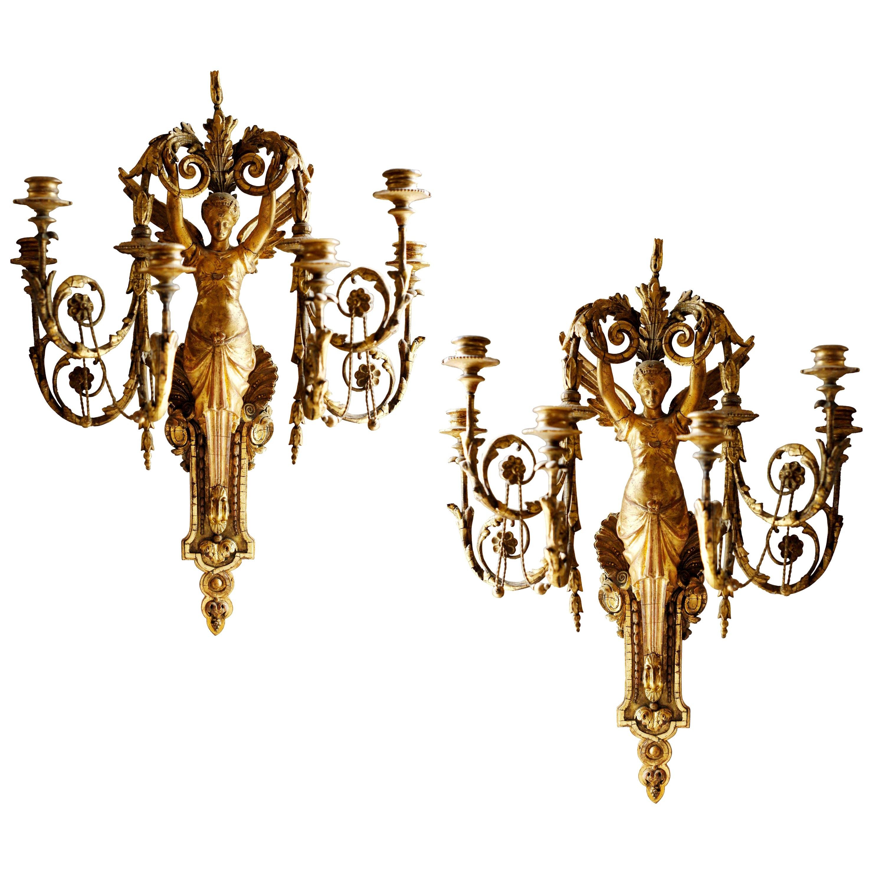 Pair of Early 19th Century Italian Neoclassical Gilt Figural 6-Light Sconces For Sale