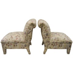 Pair of Vintage Upholstered Chinoiserie Slipper Lounge Chairs with Rolled Backs