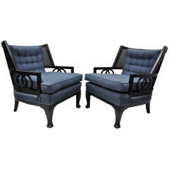 Pair of Black Hollywood Regency Lounge Chairs in the Baker Michael Taylor Style