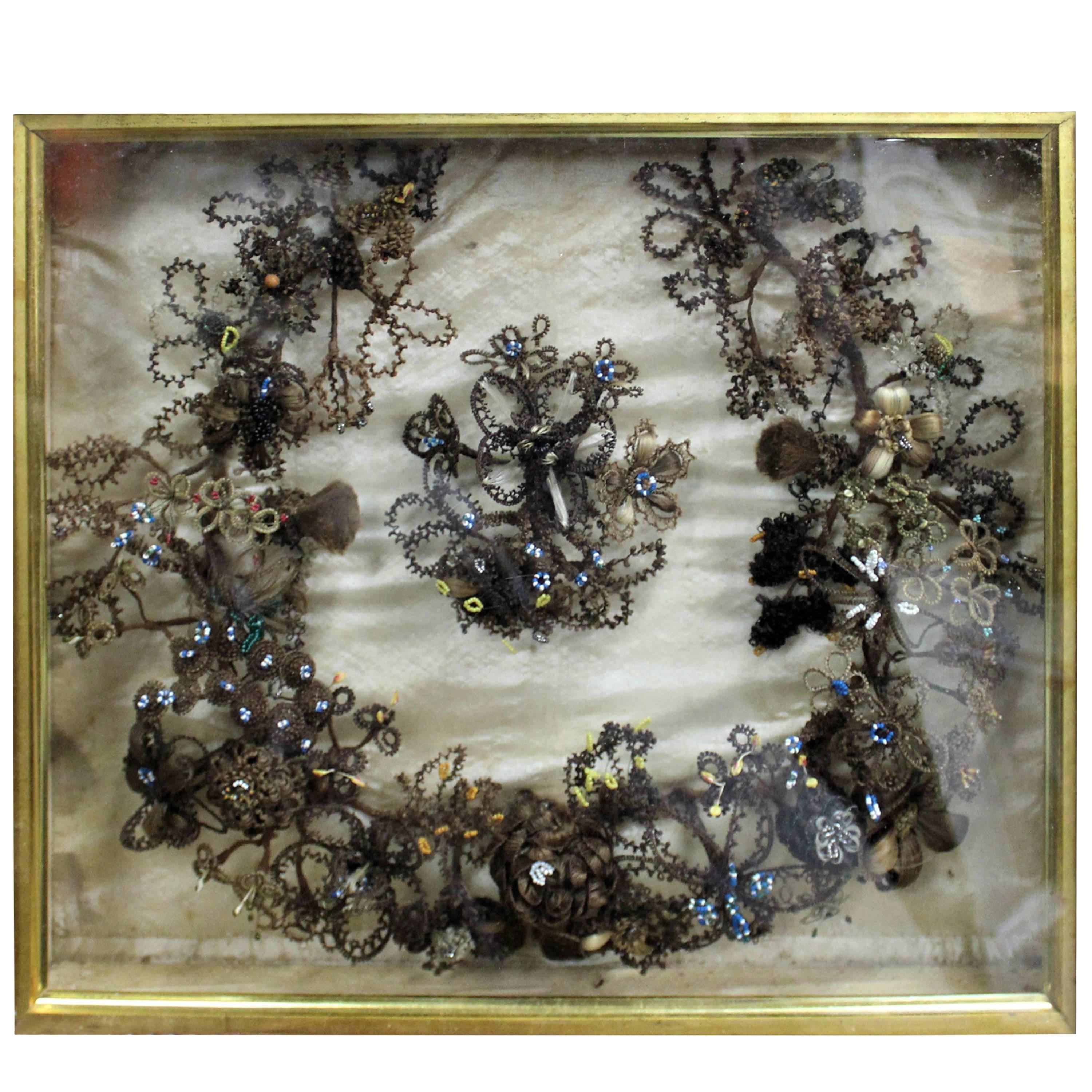 Circa 1860 Framed Victorian Hair Mourning Wreath in Wooden Shadow Box 