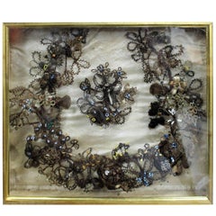 Antique Circa 1860 Framed Victorian Hair Mourning Wreath in Wooden Shadow Box 