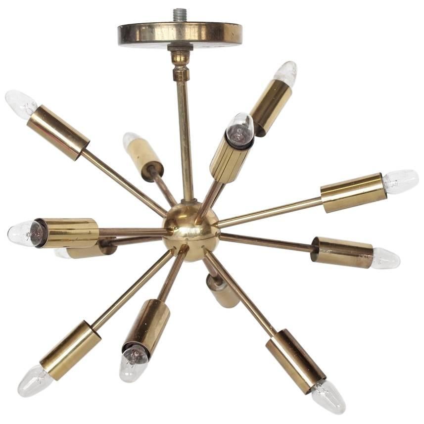 Midcentury Twelve-Arm Brass Sputnik Flush Mount For Sale