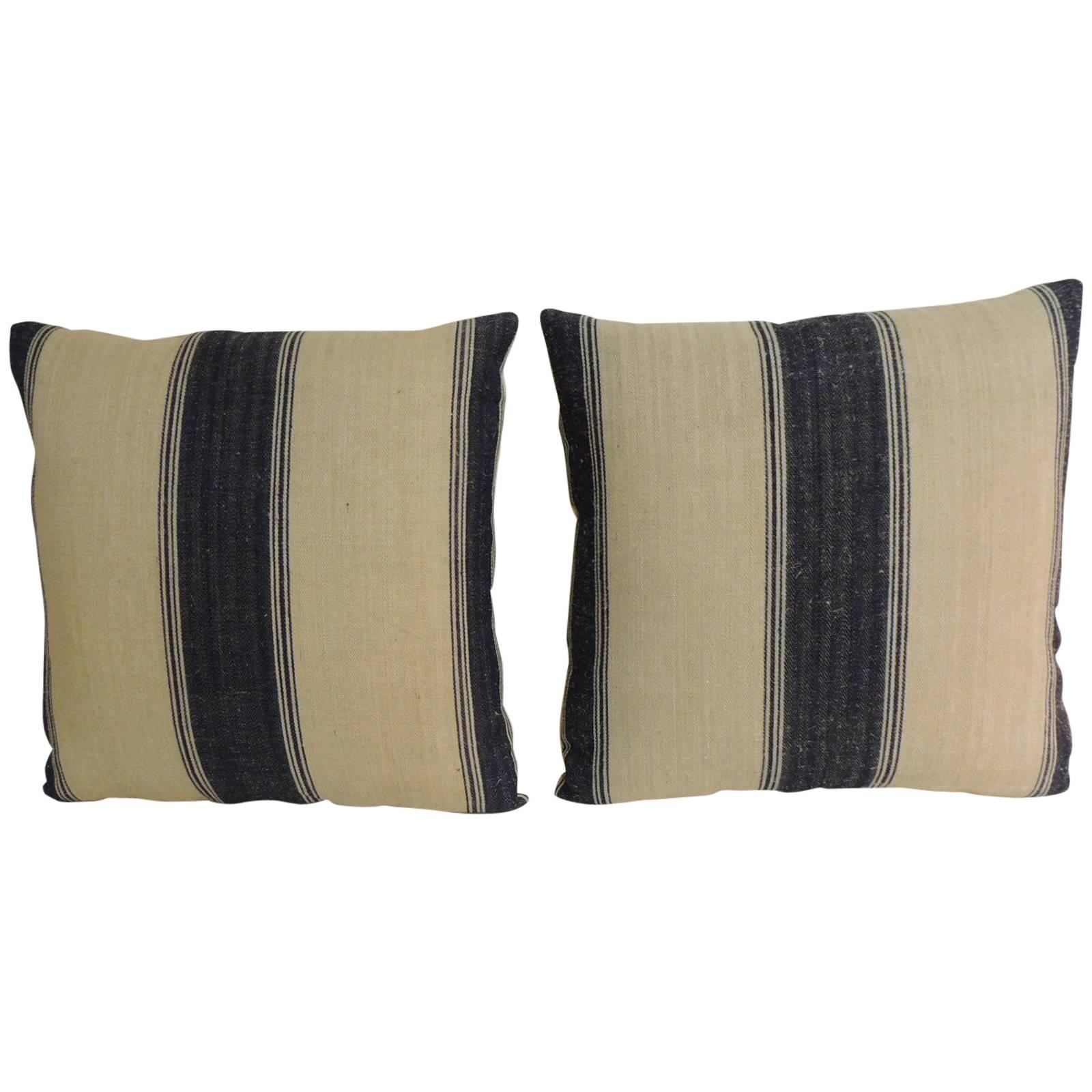 Pair of 19th Century French Dark Blue Stripes Decorative Pillows
