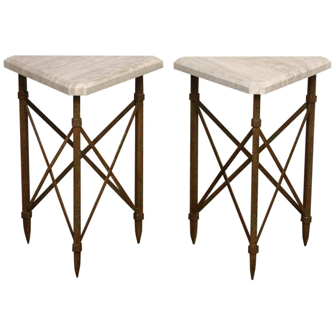 Pair of Neoclassical Bronze and Travertine Drinks Tables