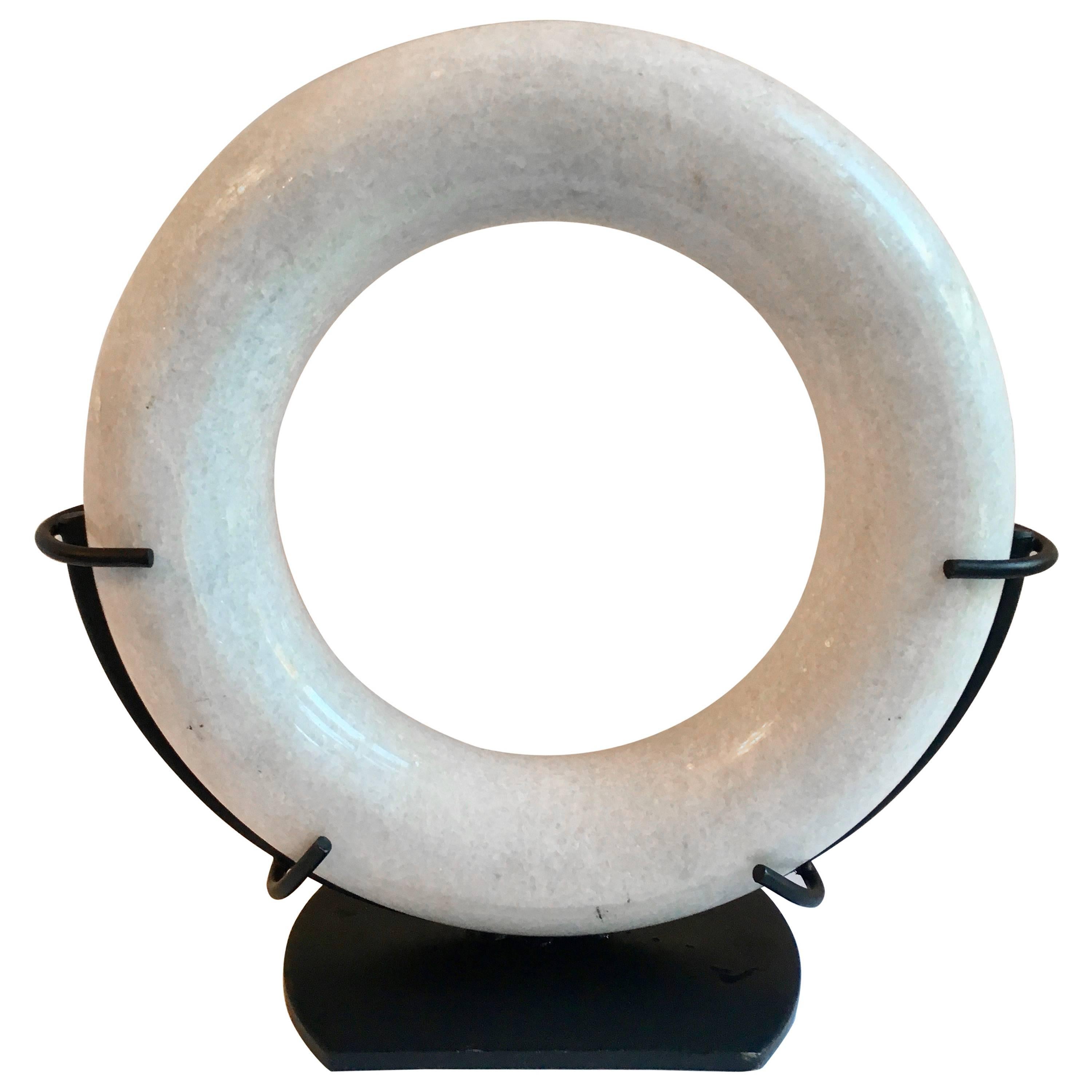 Marble Circular Disk Sculpture in Custom Metal Stand