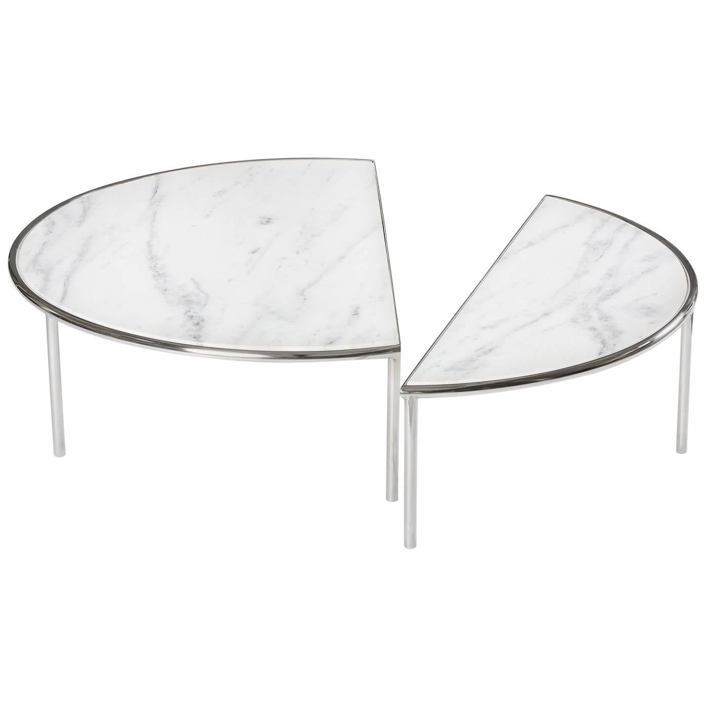 Contemporary Split Center Table by RAIN in Stainless Steel and White Marble For Sale