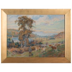 Antique Swedish Watercolor Landscape with Cattle