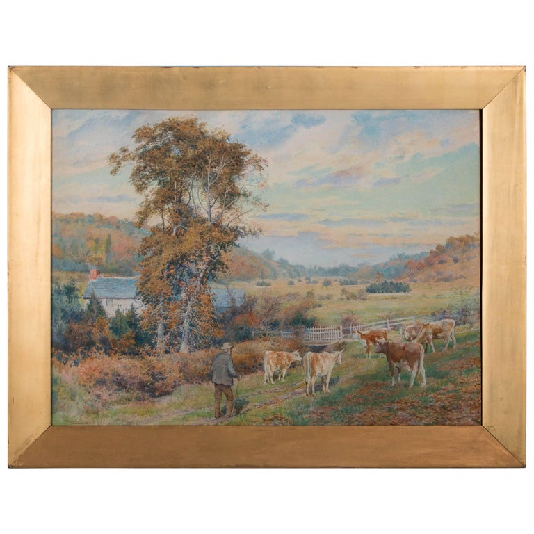 Vintage Swedish Watercolor Landscape with Cattle For Sale