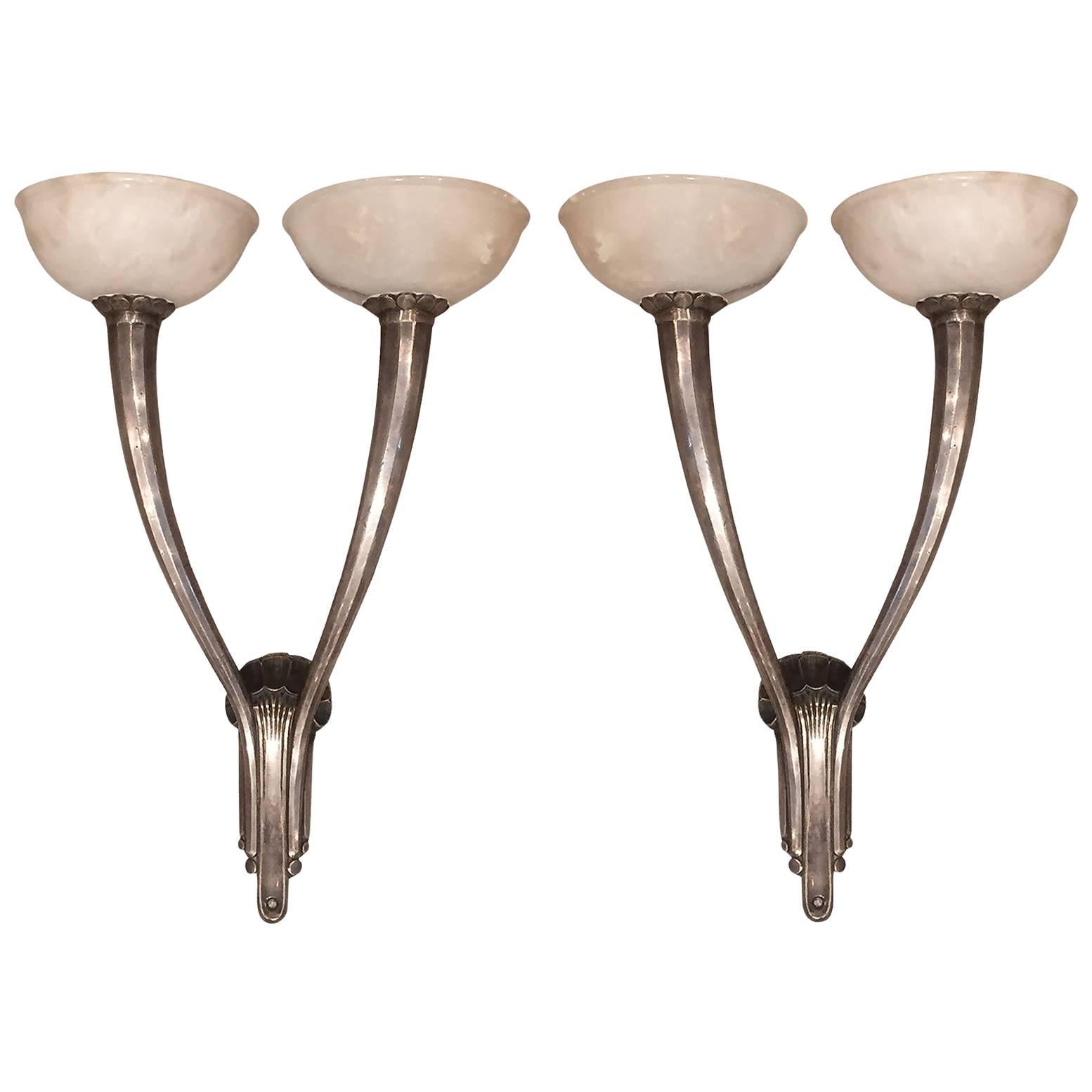 Pair of French Art Deco Silvered Bronze and Alabaster Wall Sconces