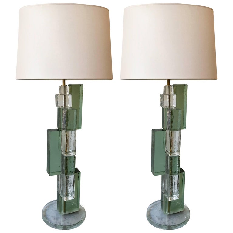 Contemporary Pair of Lamps Cubic Murano Glass and Brass