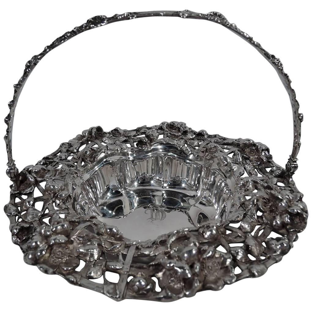 Antique American Art Nouveau Sterling Silver Flower Basket