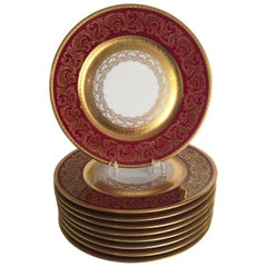 Set of Eight Service Plates Red with Gold Trim by Wheeling