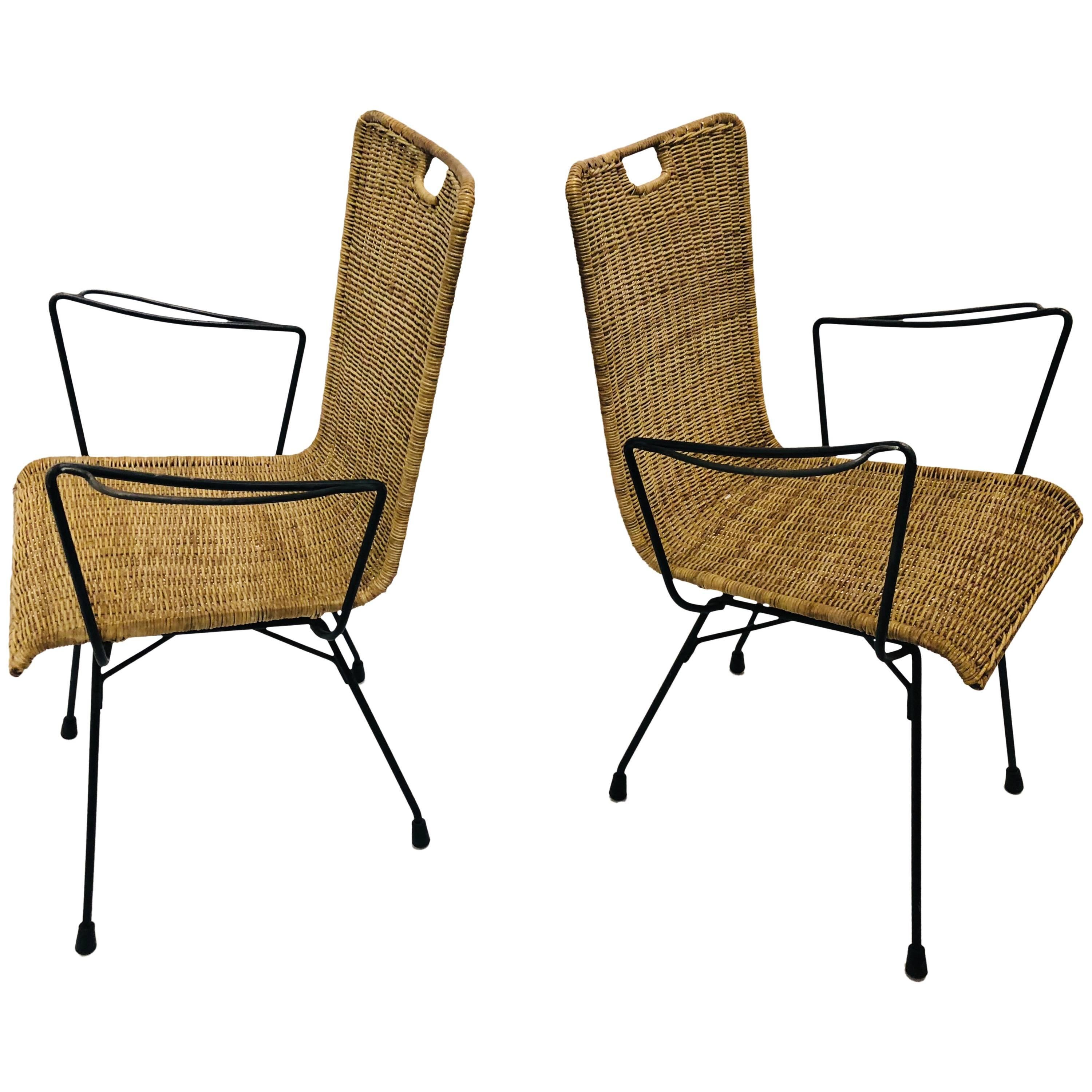 Pair of MidCentury Modern Wicker and Iron Arm Patio Chairs by