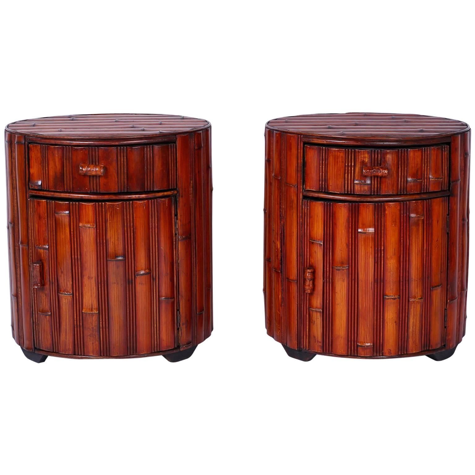 Pair of Round Bamboo End Tables