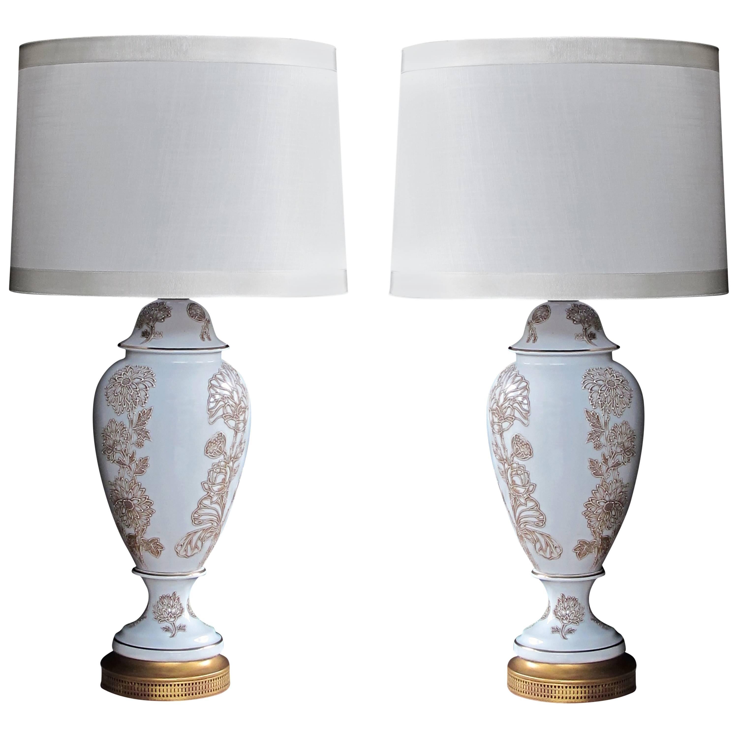 Pair of American Frederick Cooper Blanc de Chine Lamps with Raised Decoration
