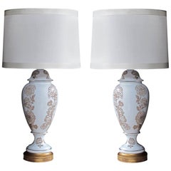 Pair of American Frederick Cooper Blanc de Chine Lamps with Raised Decoration