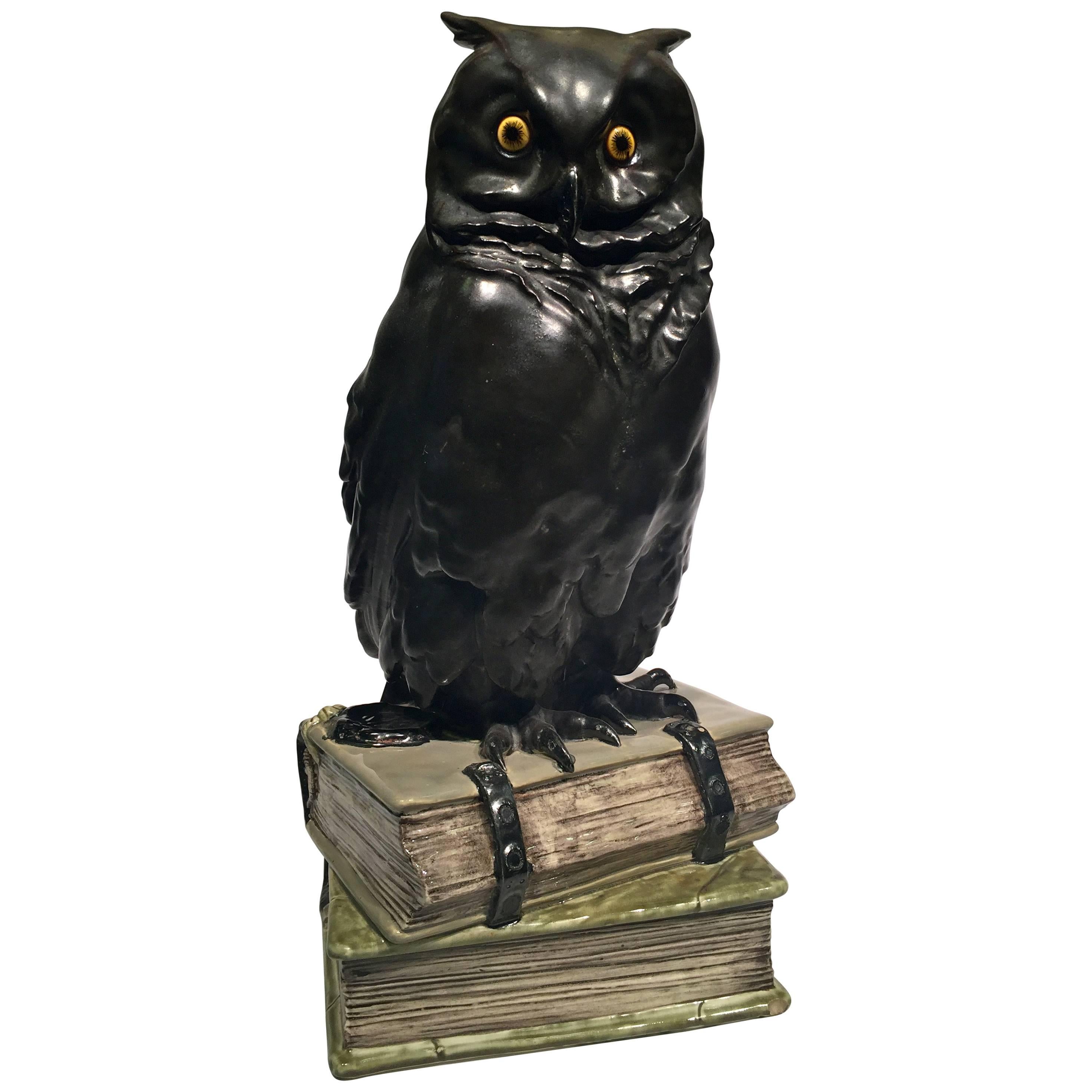 SIGNED Black Owl on Books USA Art Nouveau Porcelain, circa 1900 For Sale
