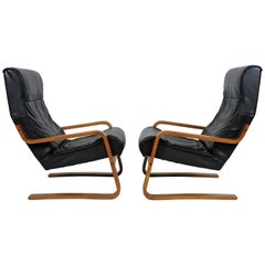 Pair of Danish Modern Alvar Aalto Style Cantilevered Teak Leather Lounge Chairs