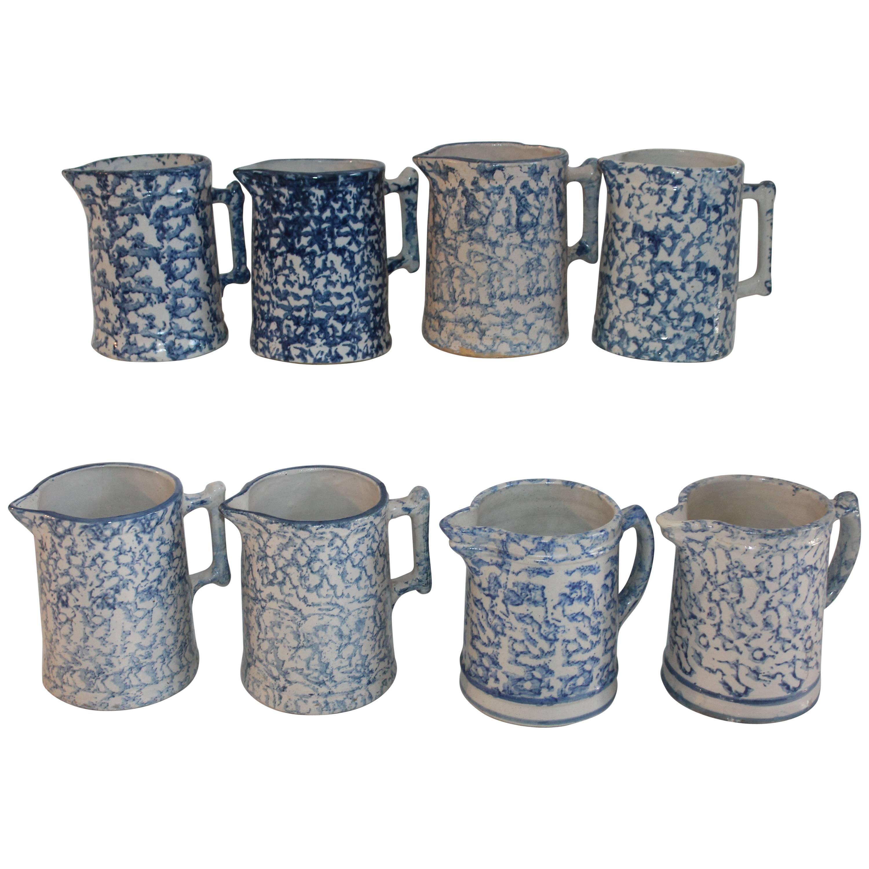 19th Century Sponge Ware Collection of Eight Pottery Pitchers