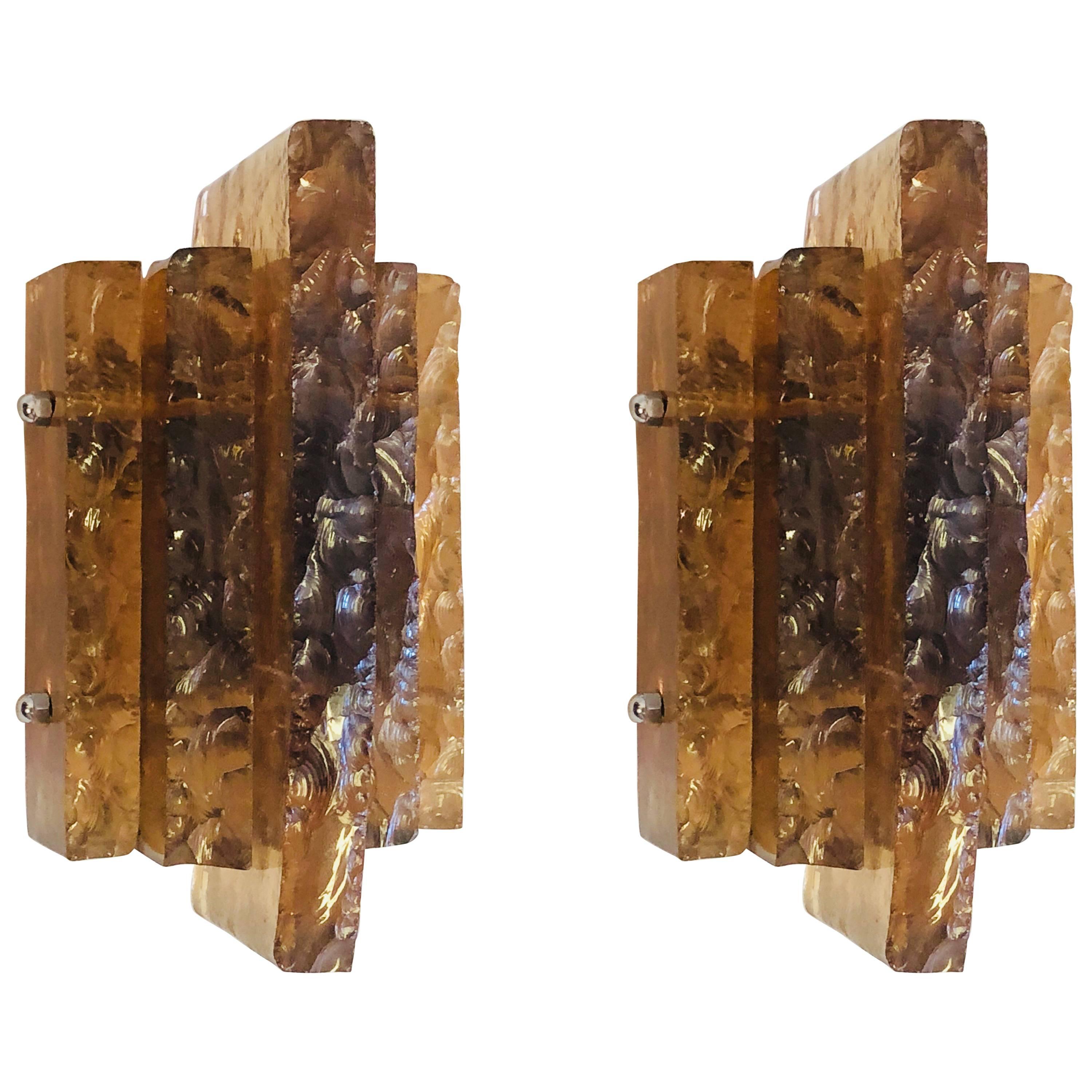 Pair of Italian Midcentury Blown & Chiseled Murano/Venetian Amber Glass Sconces