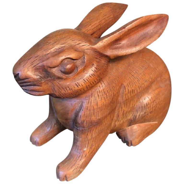 Japanese Big Tall Ears Rabbit Hand-Carved Wooden Sculpture with Fine Details