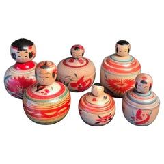 Retro Six Charming Japanese Hand-Painted "Roly Poly" Kokeshi Dolls All Old and Signed