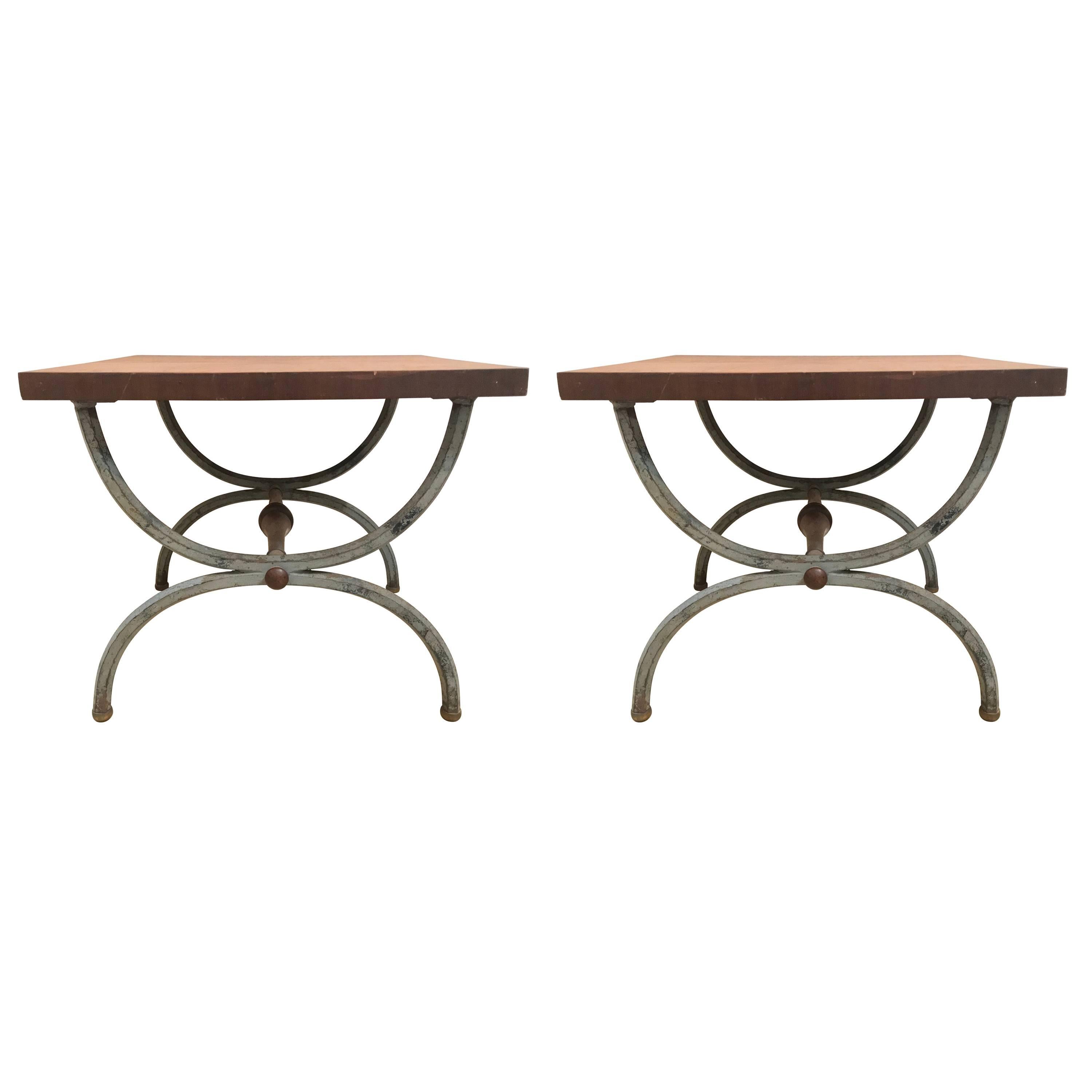Pair of Grey Finish Tomlinson Pavane Forged Iron Parquetry Side Tables
