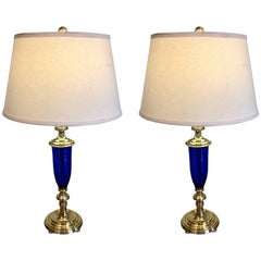Pair of Cobalt Blue and Brass-Mounted Urn Lamps by Pairpoint