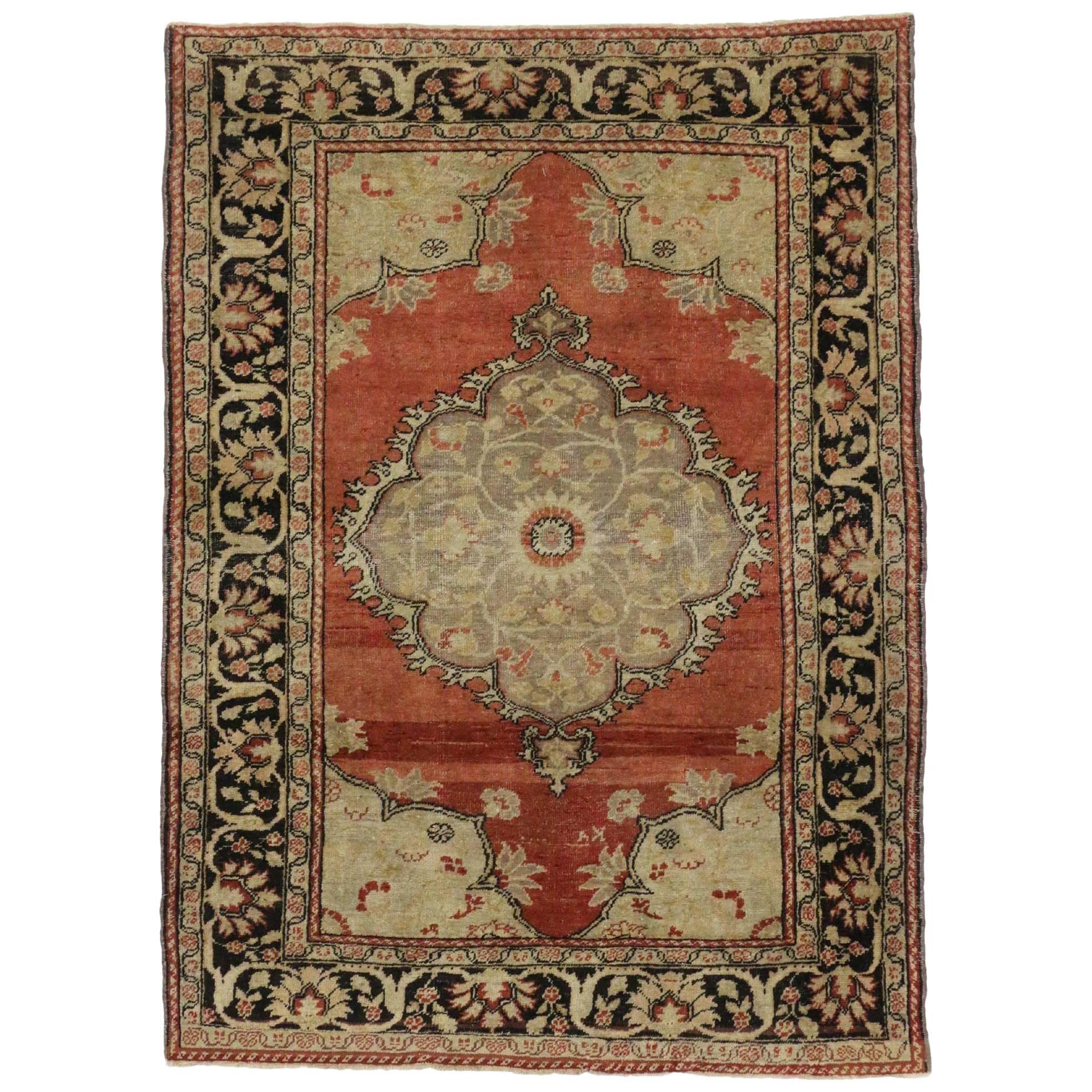 Vintage Turkish Oushak Accent Rug with Rustic Bungalow Style For Sale