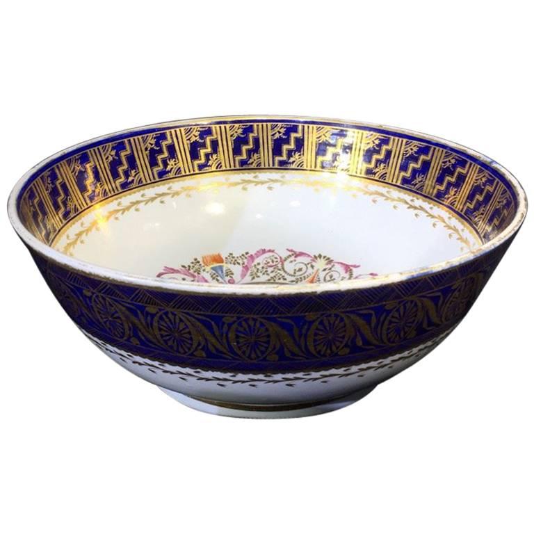 Large Miles Mason Porcelain Punch Bowl, Gilt Borders on Blue, circa 1805 For Sale