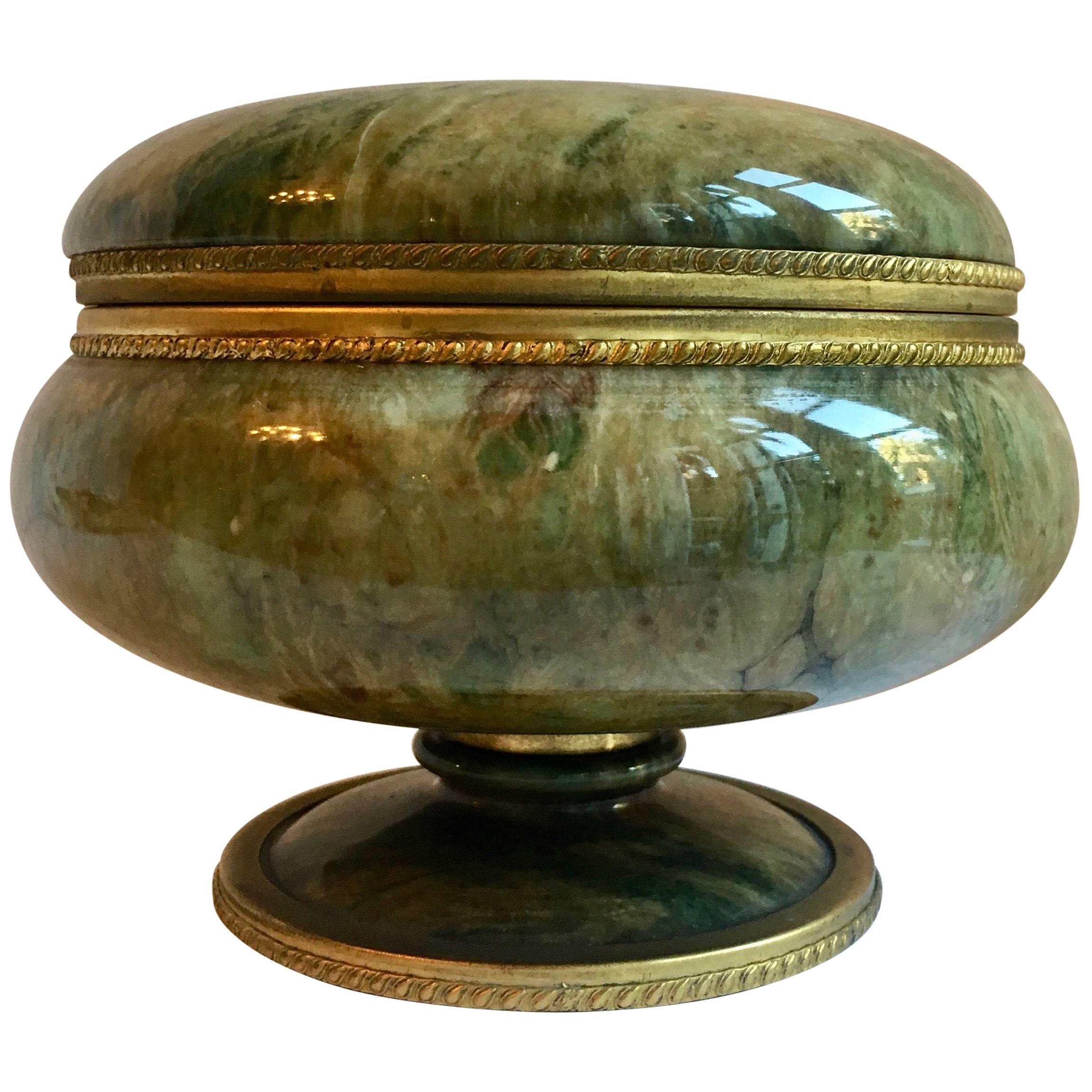 Footed Lidded Marble Vanity Jar with Brass Details